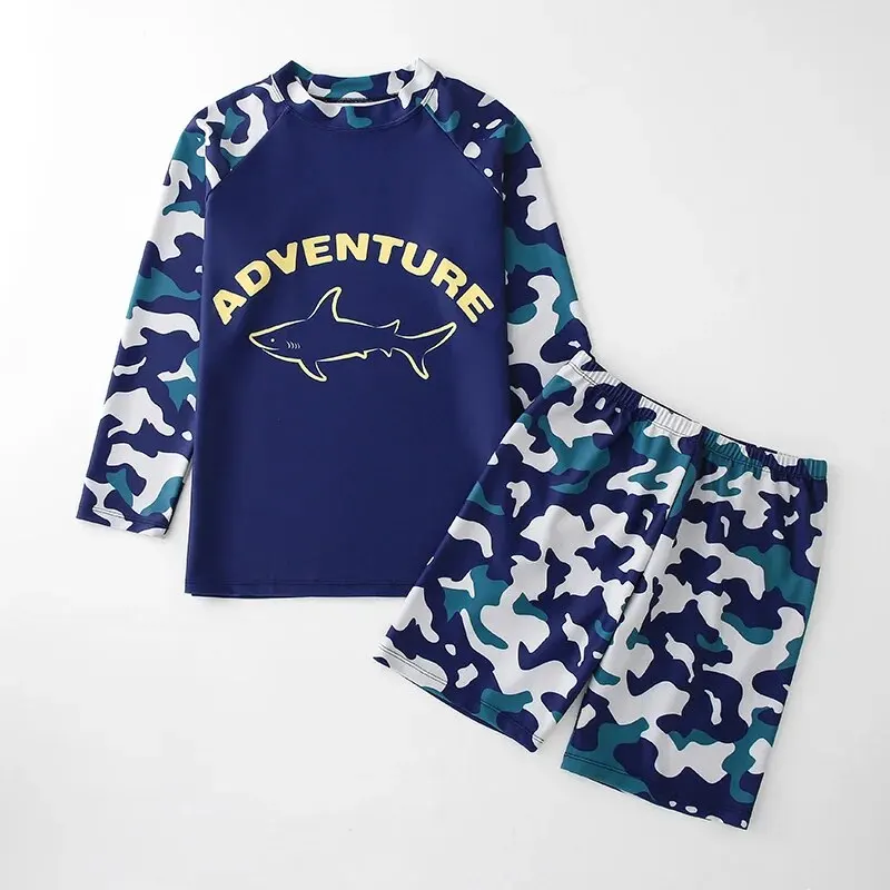 Boys Swimwear Summer Children's Two-piece Medium And Large Cute Sun Protection Long Sleeve Short Suit