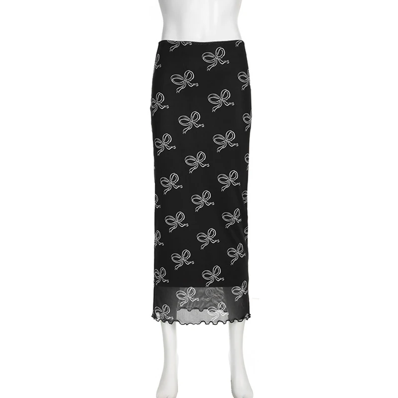 Falda Y2K Fairycore para mujer, con estampado de lazo y ribete de encaje, de cintura baja, de malla, ajustada, estilo grunge de los años 2000, para fiestas y ropa de calle.