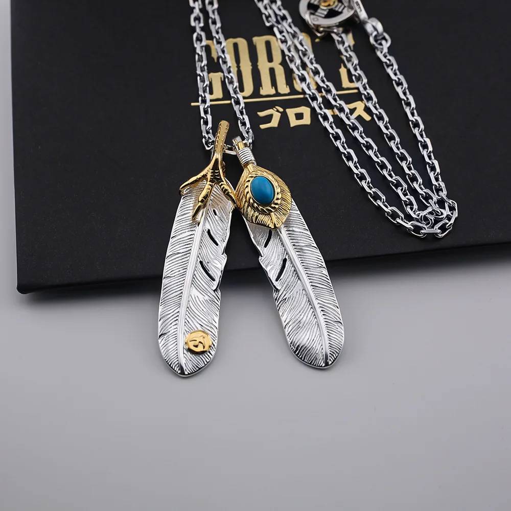 Eagle claws inlaid blue pine feather necklace