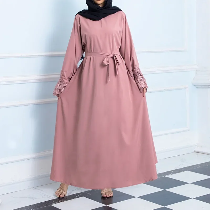 Islam Abaya Dress for Women, Embroidered Sequin Cuffs, Monochrome Robe, Casual Muslim Dress, Europe and America, 2024