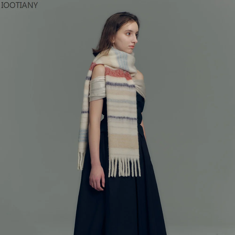 IOOTIANY New Autumn And Winter Warm Scarf Wool Blended Saturn Striped Scarve Women\'s Casual Fringed Plaid Shawl