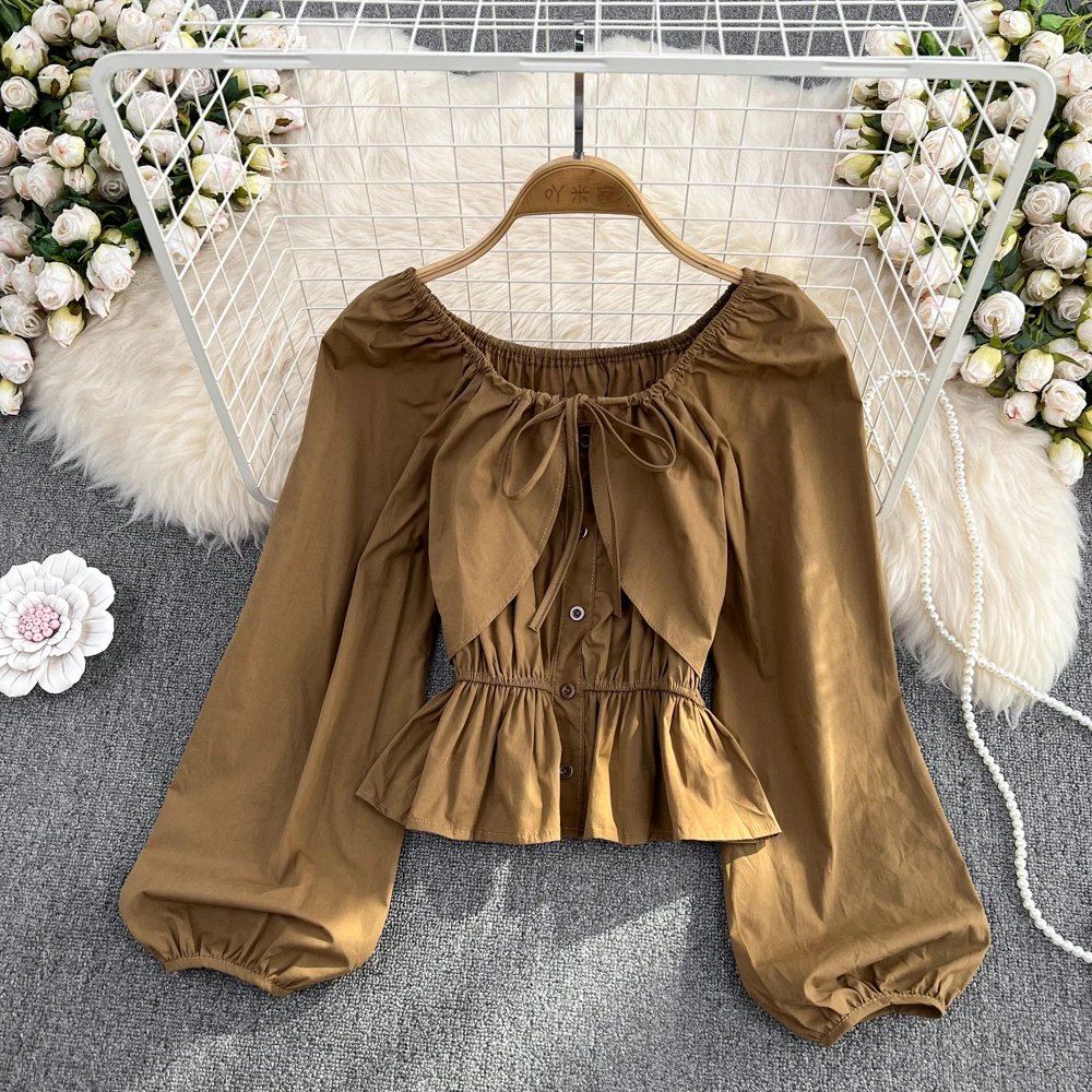 

Autumn New Korean Version Fake Two-piece Square-neck Bubble Long-sleeved Western-style Slim and Thin Short Top