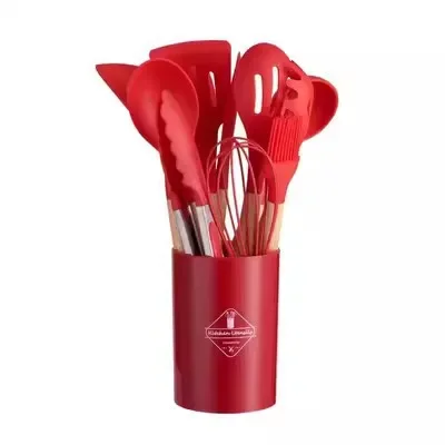 Set 12 Utensili Da Cucina In Silicone Con Manico In Legno - Pala, Cucchiai, Frusta E Contenitore - Verde Frutta