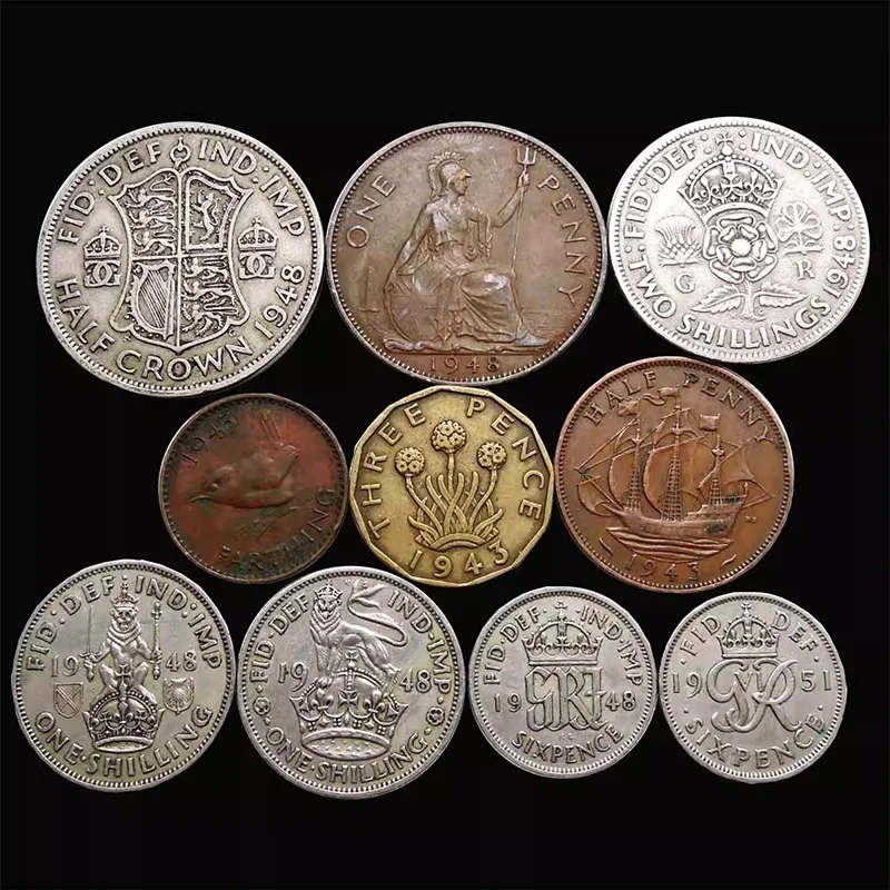 UK, Set 10 PCS Coins, 1937-1950, Used Condition, Original Coin for Collection