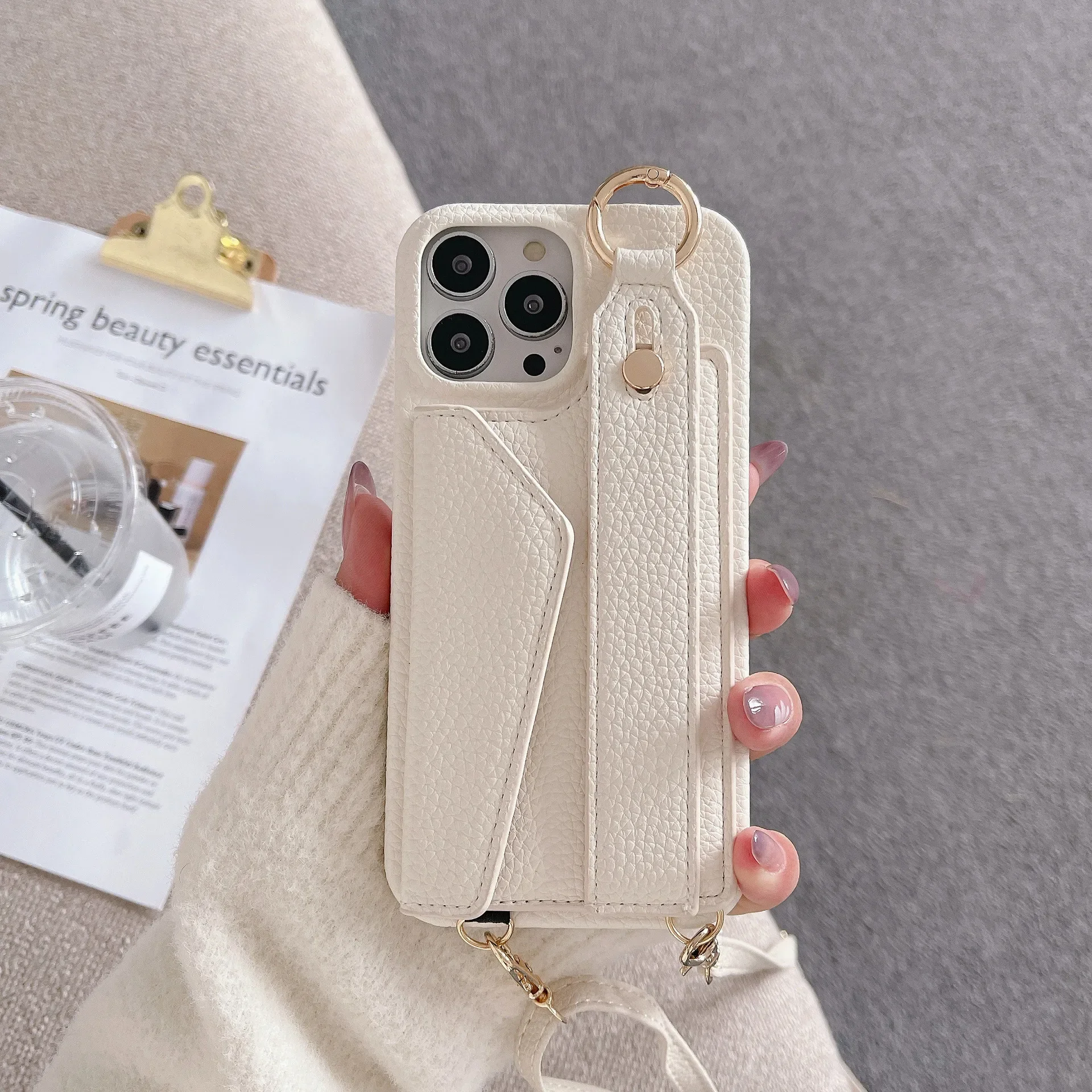 Luxurious Leather Crossbody Wristlet Phone Case with Card Slot and Lanyard