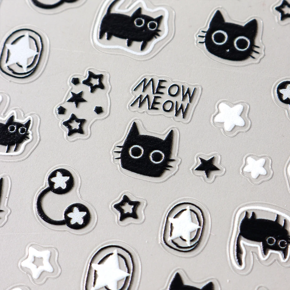 Niedliche Schwarze Katzen-Nagelaufkleber 5D Geprägte Kawaii Katzen Blumen Stern Nagelkunst-Dekoration Süße Cartoon-Slider Sommer-Maniküre – Detail 13