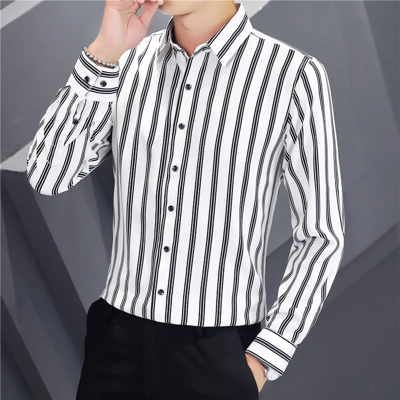 

Male Stripe Contrast Shirts Men Long Sleeve Business Casual Shirt 2023 Spring Slim Streetwear Dress Social Nightclub B133