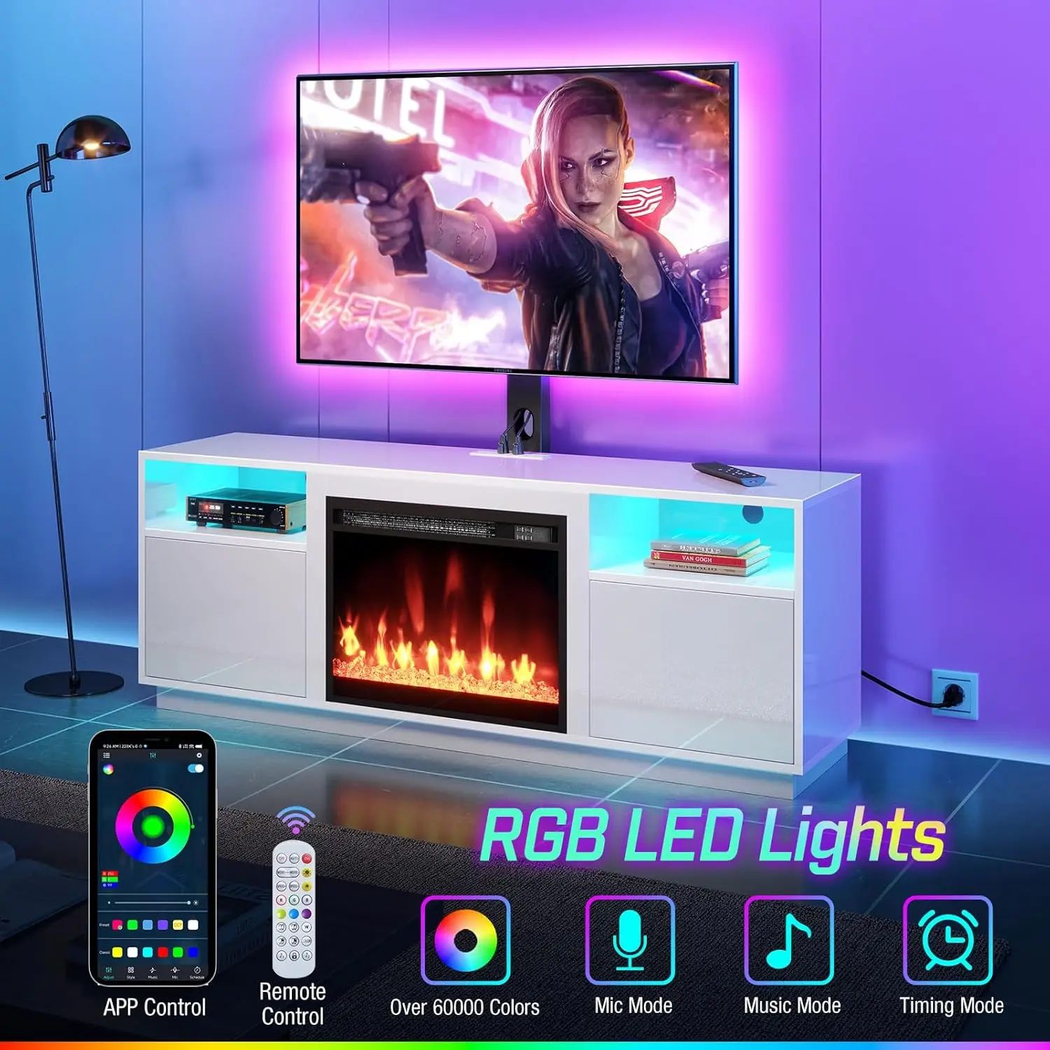 Fireplace TV Stand with Led Lights and Power Outlets, Entertainment Center with Electric Fireplace, Swivel TV Stand Mount 2