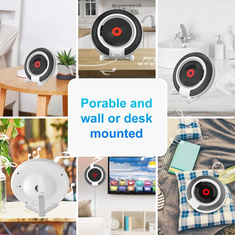 Icreative Portable Bluetooth-compatible CD Player Wall Mounted FM Radio Built-In HiFi Speaker with Remote Control Headphone Jack