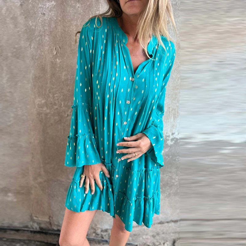 

Women Sexy V-neck Button Office Shirt Dress Spring Polka Dot Print Pleated Party Dress Autumn Flare Long Sleeve Loose Mini Dress