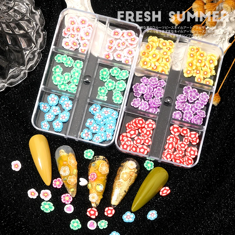 

6 Grid Mixed Multicolor Charms 3D White Smoky Floral Nail Art Parts Nail Decals DIY Nail Decoration Accessories