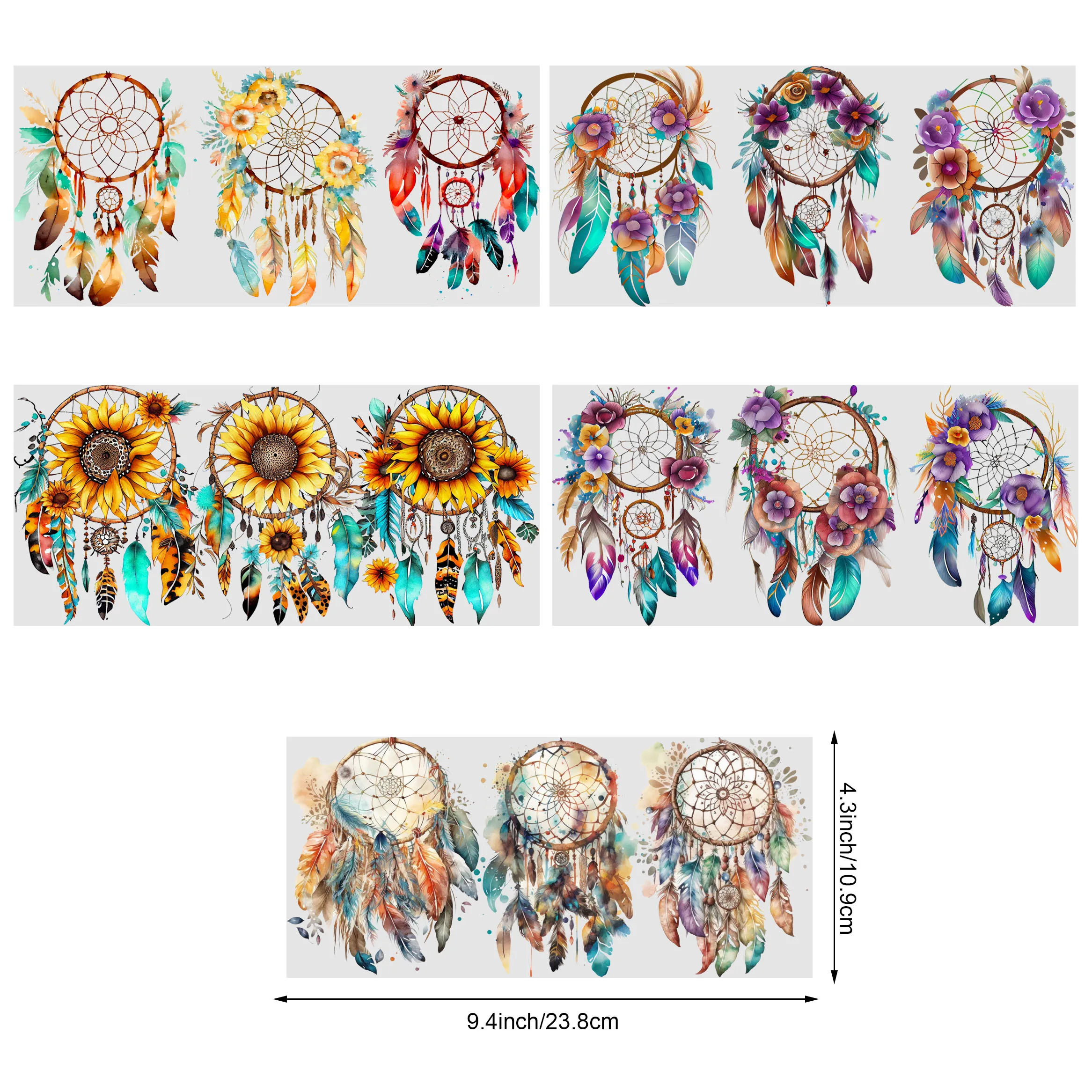 5 sheets Feathers Bohemian Dream Catcher UV DTF Cup Stickers,DTF Transfer Stickers,Wipe-On Transfer Film for 16 oz Glass, Mugs,