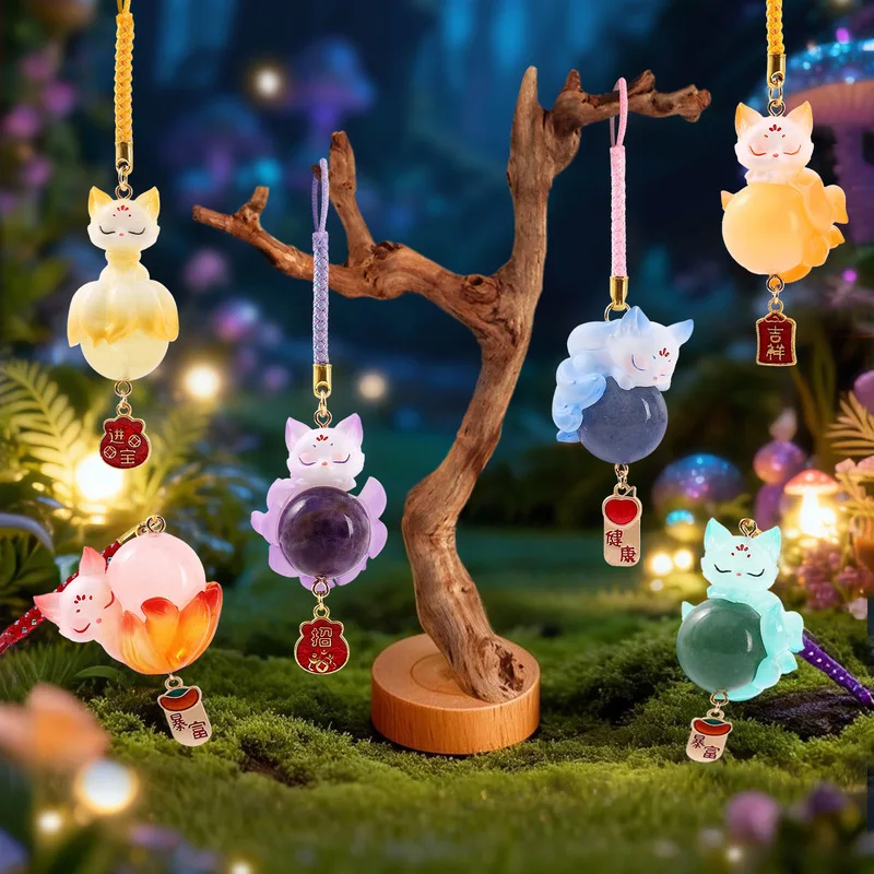 Cute Chinese Style Nine-Tailed Fox Resin Crystal Pendant Good Luck Car Decor Mystery Box Keychain Ornament Wholesale