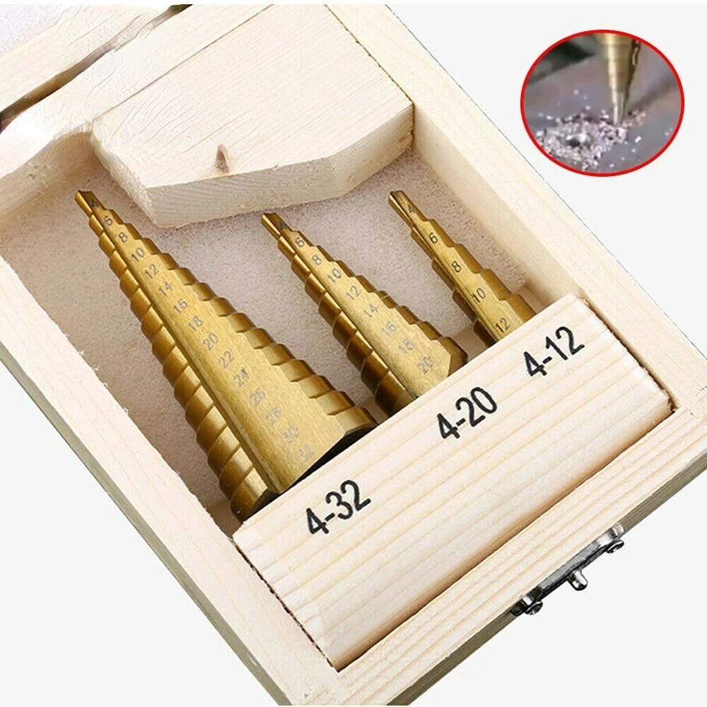 3Pcs HSS 4241 Cone Titanium Coated Step Drill Bit Set 4-32mm 4-20mm 4-12mm Hole Cutter Carpenter Tools W/Case 4 12mm 4 20mm 4 32mm metric spiral flute step hss steel cone titanium coated drill bits tool hole cutter cutting tools