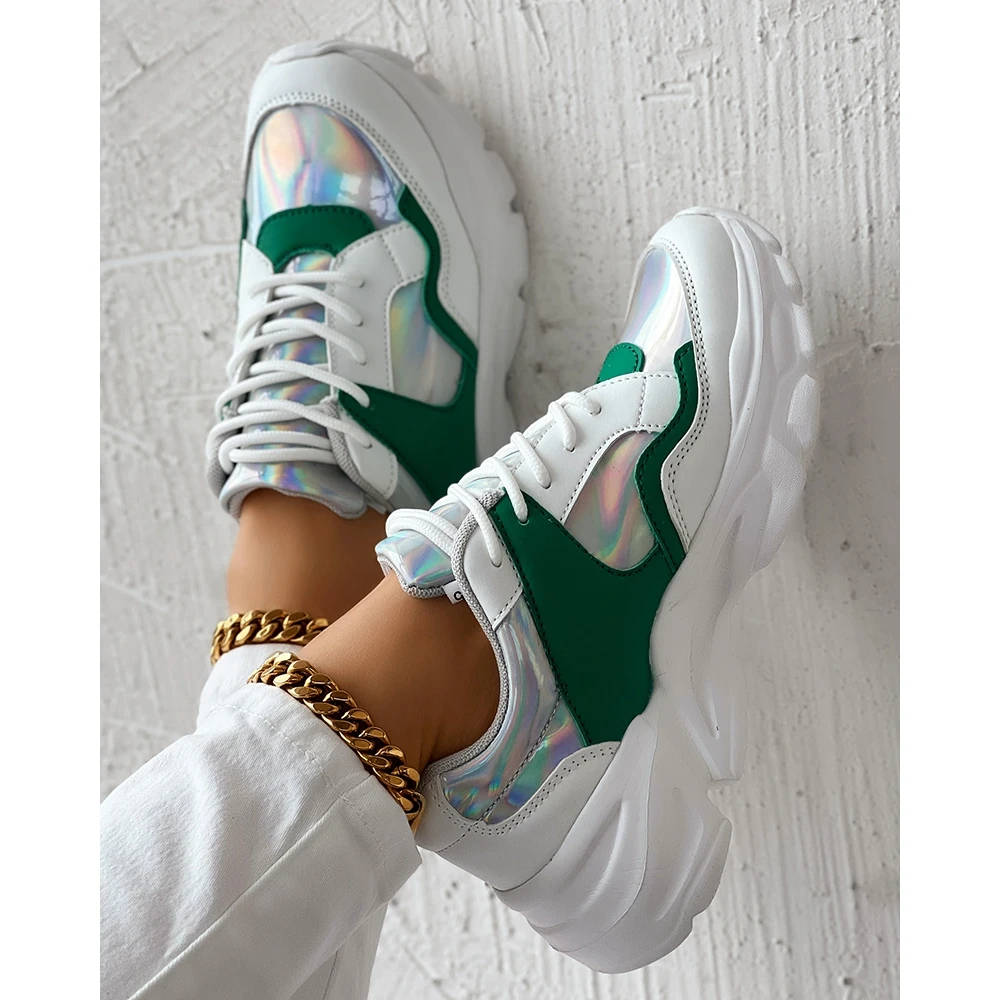 Fashion Women Colorblock Lace-up Sneakers Daily Casual Round Toe Platform Sports Shoes Spring Fashion Going Out Shoes Low Price