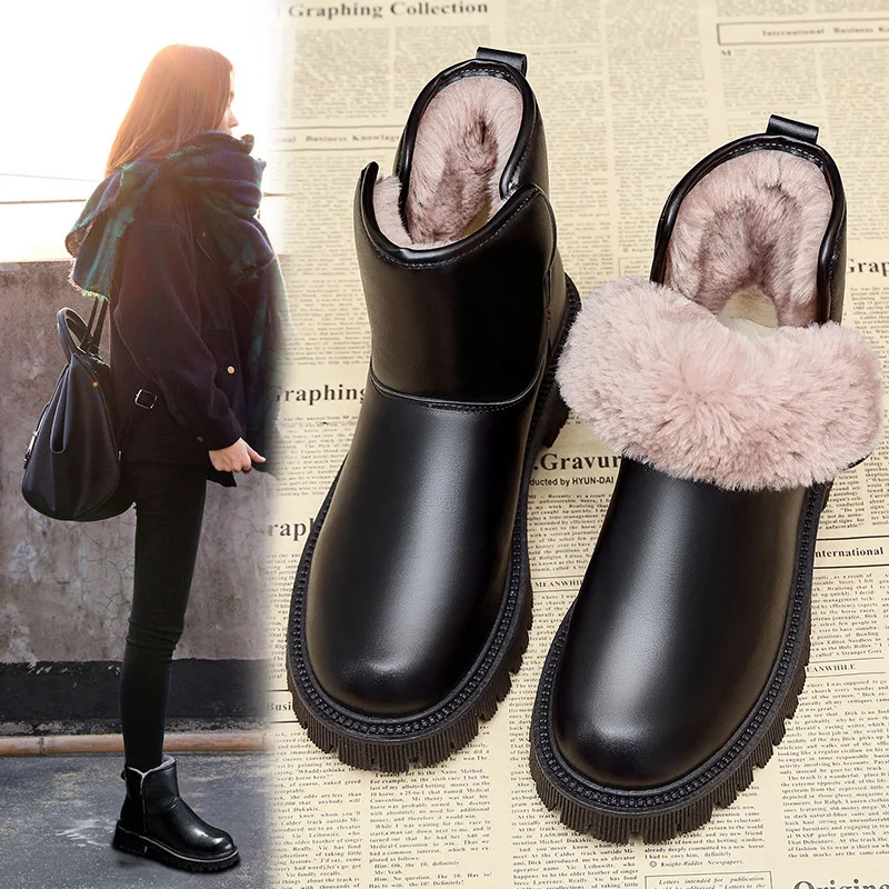 

Winter Women Snow Boots Black Fur Boots Warm Leather Ankle Boots Fashion Cotton Shoes Platform Boots