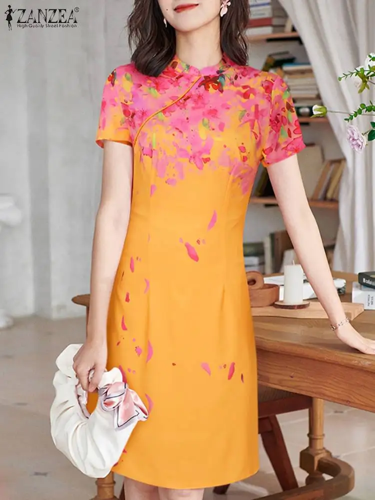 

ZANZEA Summer Elegant Short Sleeve Floral Printed Dress Vintage Work Vestido Fashion Casual Party Holiday Knee-length Sundress