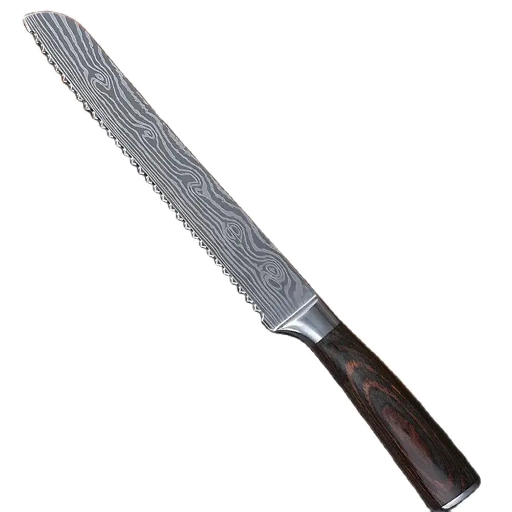 Cuchillo de cocina Profesional con patrón de Damasco, utensilio dentado para rebanar pan, queso y pastel