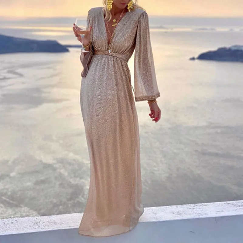 

Women's Apricot Fashion V Neck Long Sleeve Sequin Dress Temperament Commuting 2024 Summer Female Elegant Asymmetry Party Dresses