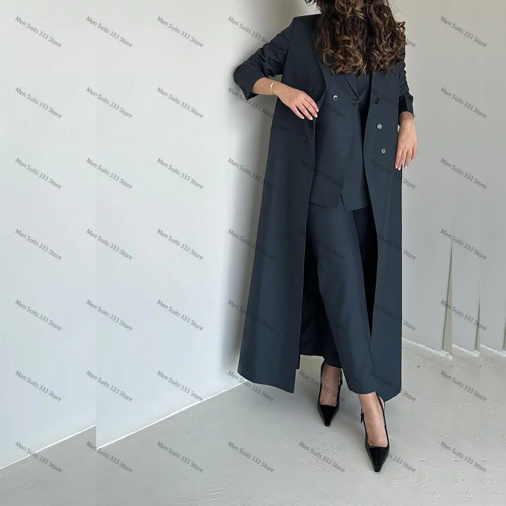 Women Elegant Navy Blue Luxury Suits Double Breasted Notch Lapel Long Blazer Formal Business Office 3 Pcs Jacket Pants Vest