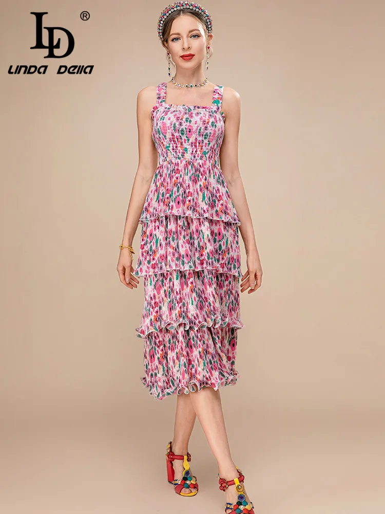 

LD LINDA DELLA 2023 New Designer Summer Dress Spaghetti Strap Fashion Printed Cascading Ruffle Vintage Vacation Midi Dress