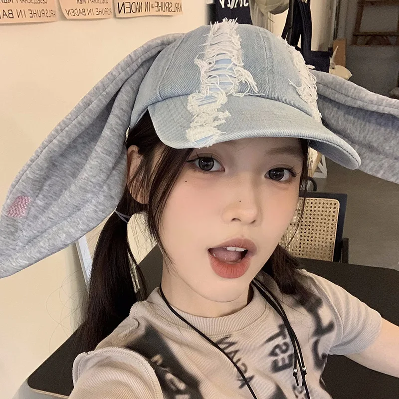 

Кроличьи уши, Ковбойская шапка Y2K, пряные корейские женские джинсы, шапка с утиным языком, женские милые крутые бейсбольные шапки в стиле хип-хоп с потертостями