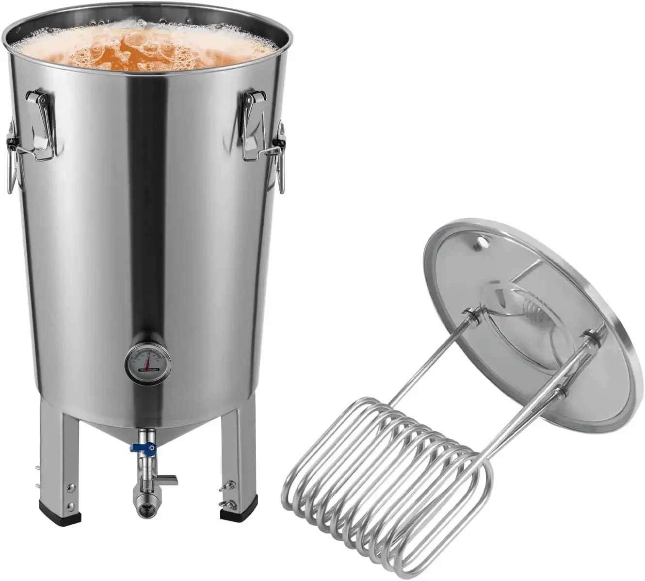 32 l/7,04 Gal Edelstahl-Rundfermentor mit Kühler für Haushaltsbierfermentation, Wein, Silber, Milch, 59,7 x 33,3 cm – Detail 2
