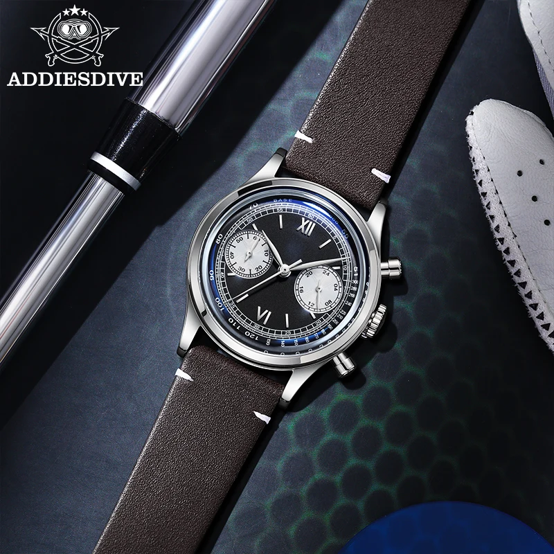ADDIESDIVE Mens Watch 100m Waterproof  Multifunctional Leather Belt Chrono Chronograph VK64 Quartz Watches Reloj Hombre