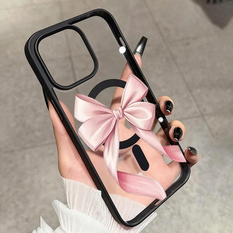 Pink Bow Pattern Magnetic Clear Wireless Charging Phone Case Cover
