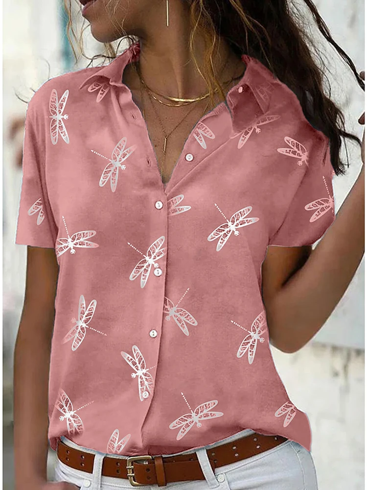 

Women's Shirt Blouse dragonfly Print Short Sleeve Casual Holiday Casual Shirt Collar Regular Plus Size