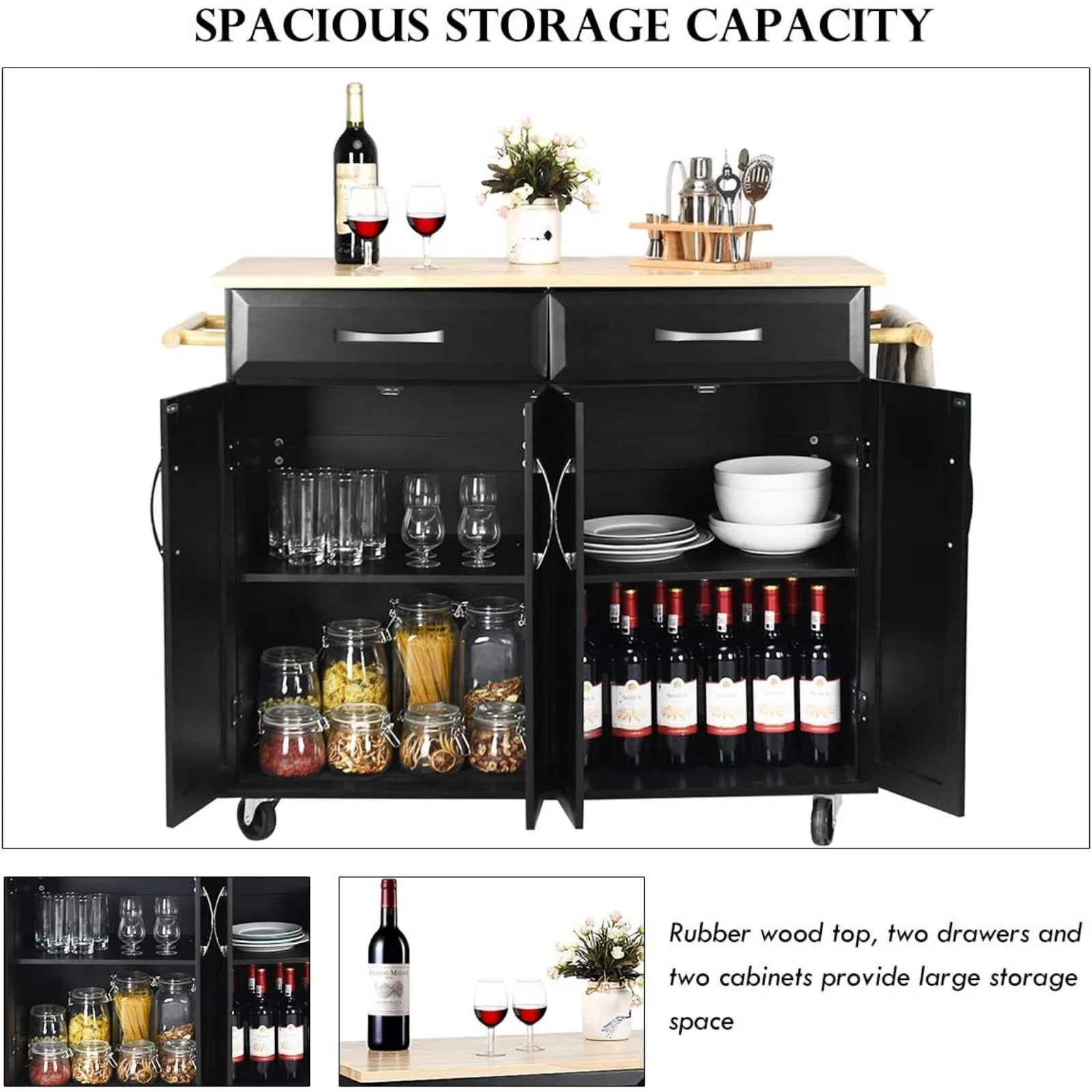 US Kitchen Trolley Cart, Rolling Utility Island w/Rubber Wood Top, Large Storage Easy-Clean with Smooth