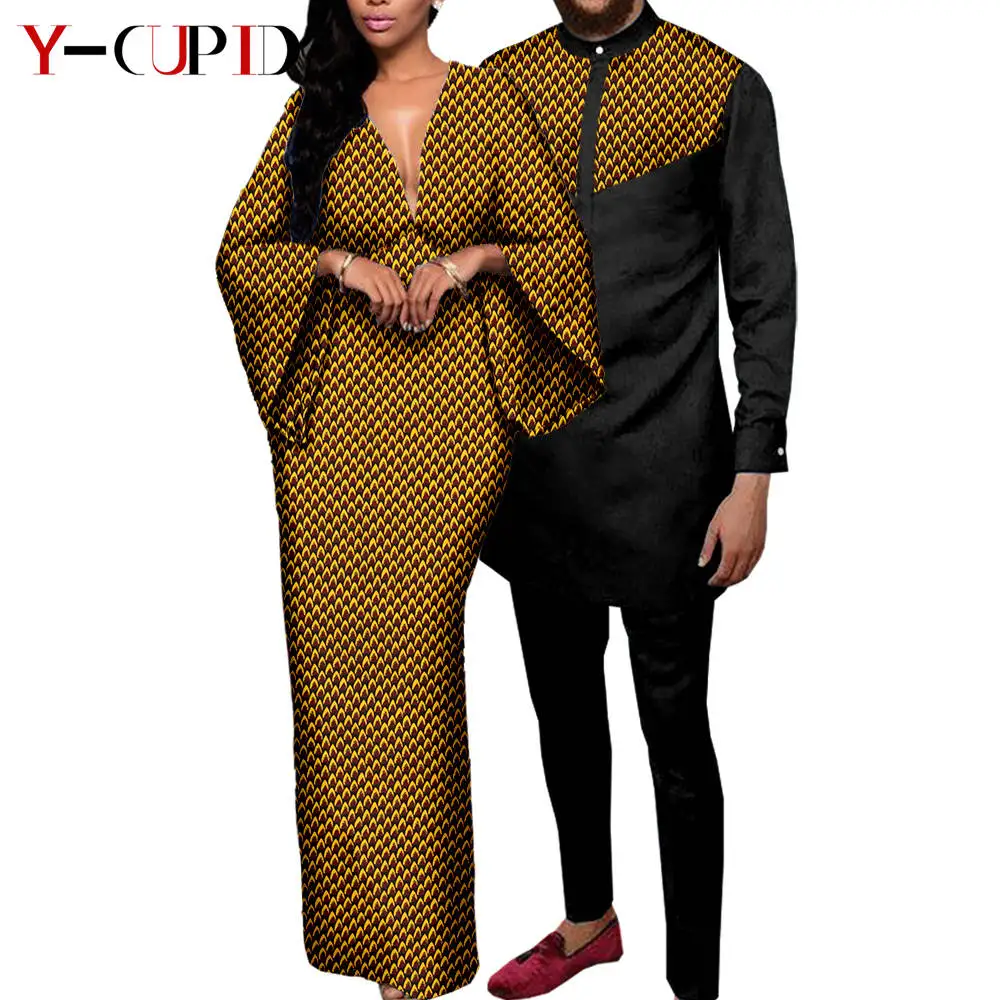 Couple Clothes African Print Deep V neck Long Dresses for Women Matching Men Outfits Dashiki Top Shirt and Pant Sets Y23C088