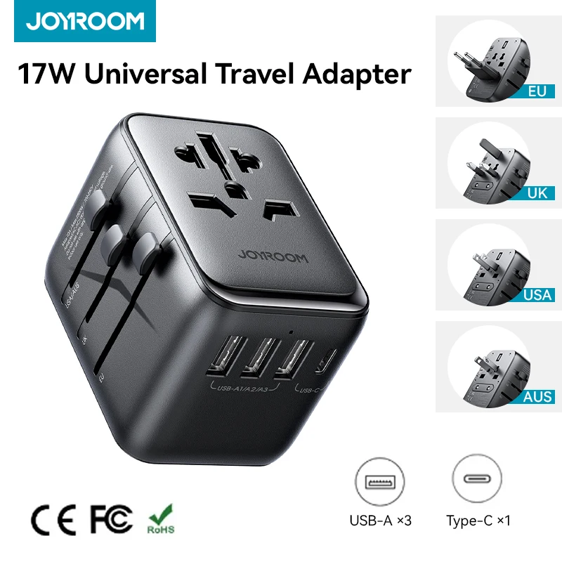 Joyroom 17W International Power Adapter 3xUSB-A & 1 USB-C All in One Universal Travel Adapter Wall Charger for Europe USA UK AU