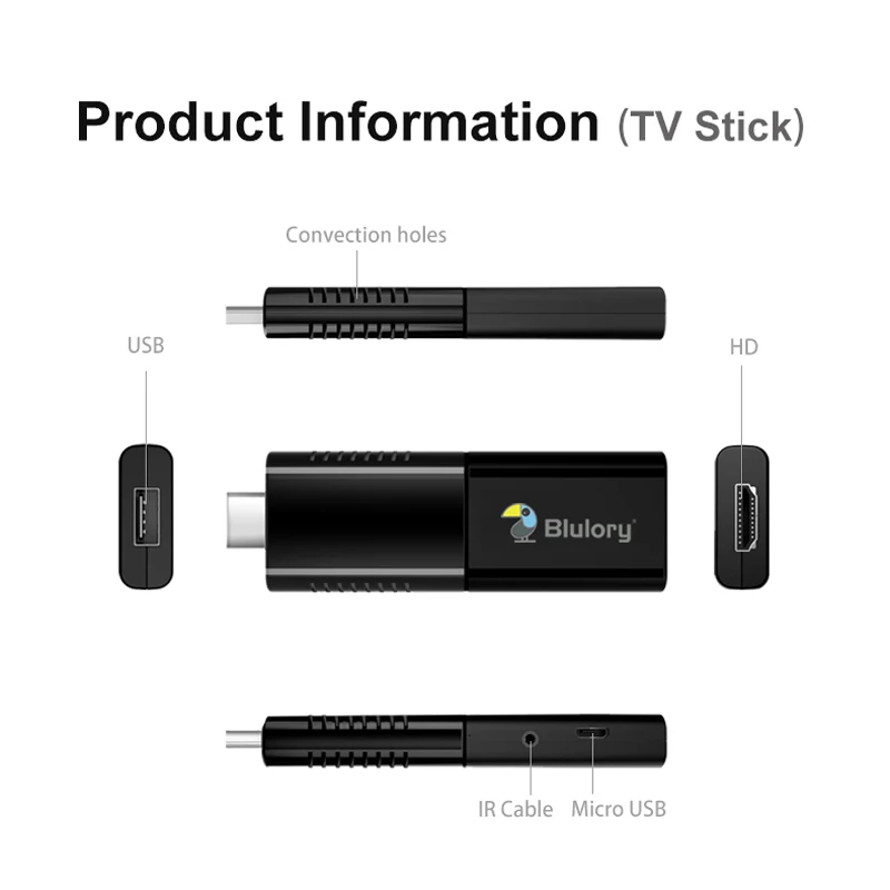 Global Version Blulory 4K TV Stick 1GB 8GB HDMI 2.0 Quad-Core CPU Dual-Core GPU HDR 10+ 4Kp60 Android TV 10.0 Wi-Fi 2.4G+5GHz