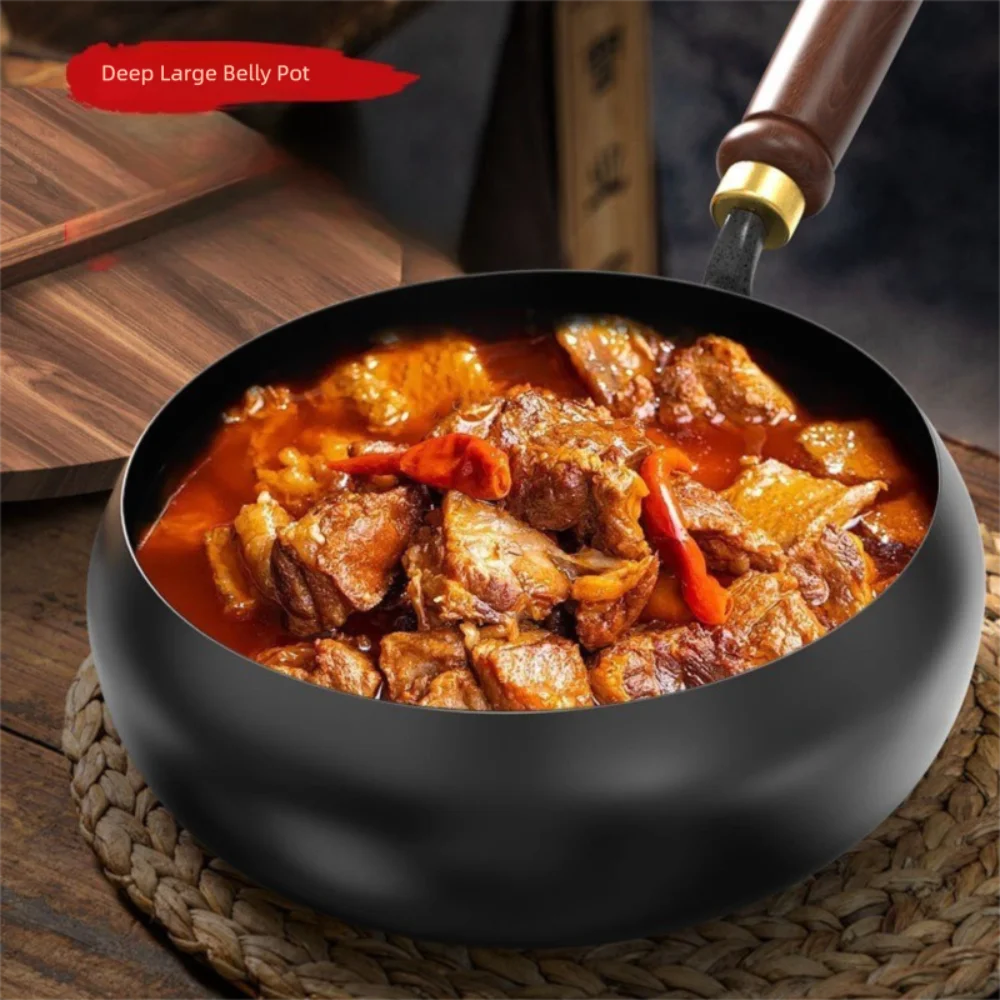 High Quality Hand Forging Cast Iron Pot with Wooden Lid Frying Pan NonStick Uncoated Big Belly Pot Skillet Chinese Wok