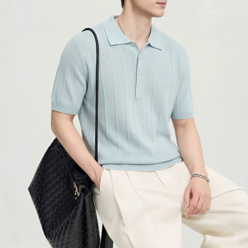 Polo da Uomo in Misto Lino Lavorato a Maglia a Maniche Corte, T-shirt Casual con Colletto Estivo - immagine 2