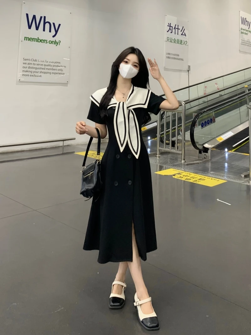 

Large size women's Hepburn style fashionable navy collar dress, summer new small stature temperament short skirt