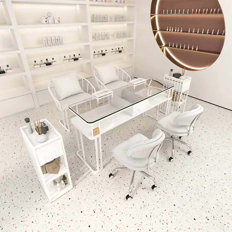 Glass Professional Manicure Table Modern Beauty Vanity Receptionist Desk Commercial Tavolo Unghie Nails Salon Furniture CY50NT modern exquisite table manicure professional nailtech manicurist table vanity receptionist schminktisch nail furniture cy50nt