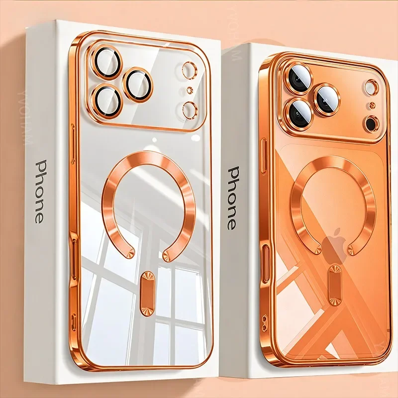 Elegant Fashion Orange Magnetic Clear Case with Wireless Charging Compatibility - Plating Soft Business Cover