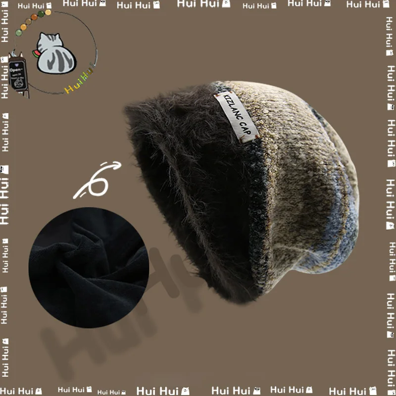 New Meilade Winter Fleece-Lined Knitted Slouchy Hat For Women Slim Face Cold-Resistant Warm Retro Woolen Hat For Men