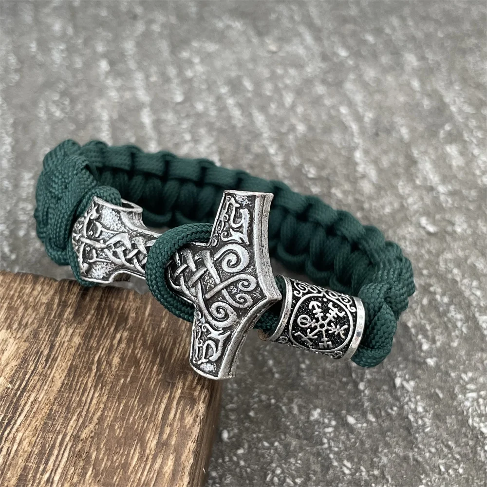 Odin Thor Hammer Mjolnir Jewelry Wolf Knots Amulet Norse Runes Beads Accessories Mens Womens Paracord Viking Bracelet Dropship 5