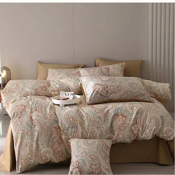4Pcs Bedding Set 300TC Egyptian Cotton Satin Duvet Cover Twin Queen King Size Single And Double Bed Sheet Printed Pillowcase
