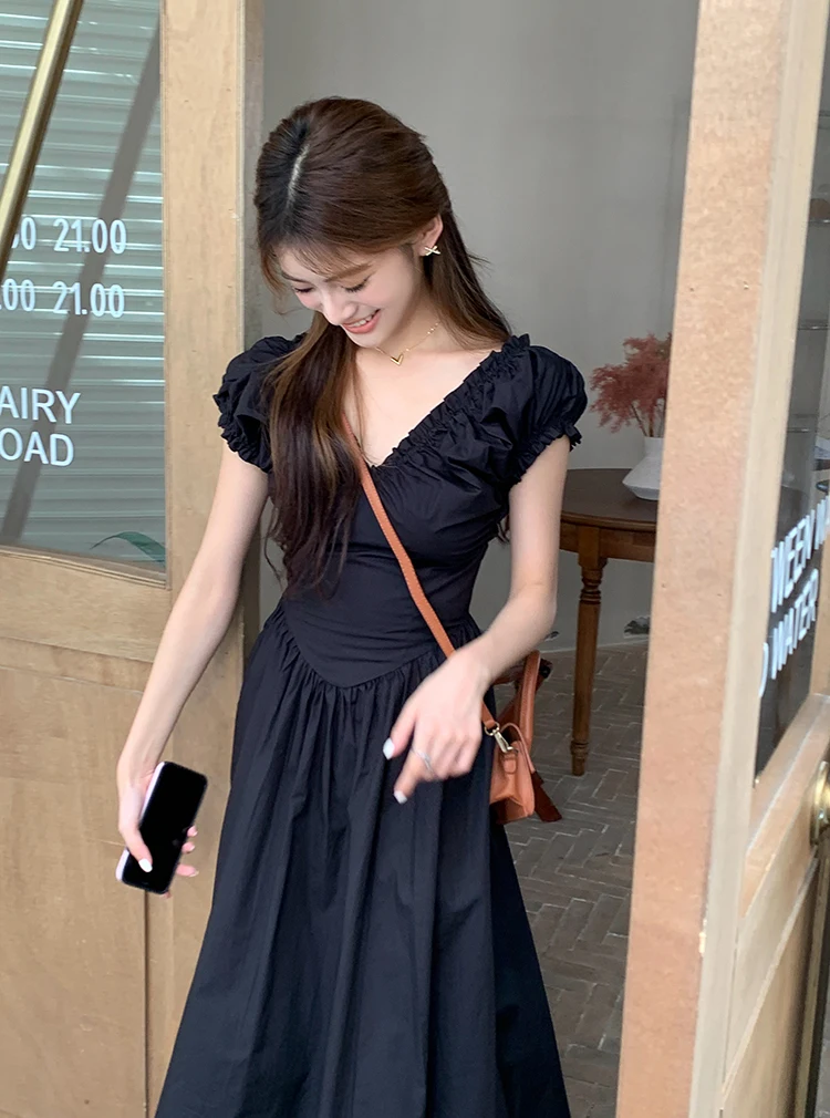Casual Solid Midi Dresses for Women Korean Chic V-neck Backless High Waist Puff Sleeve A-line Party Dress Summer Vestidos Mujer