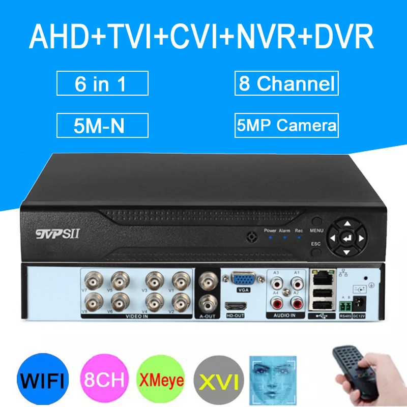 

5mp CCTV Camera H.265+ XMeye Audio Face Detection 5M-N 8CH 8 Channel 6 in 1 Hybrid Wifi Onvif NVR TVI CVI AHD DVR System