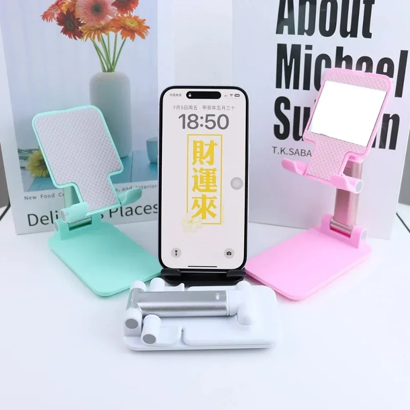 Foldable Desktop Phone Holder with Cosmetic Mirror Mobile Bracket Adjustable Retractable Phone Support Lazy Cellphone Stand 1 S0bcd68724df446f9a622190fca290e96W