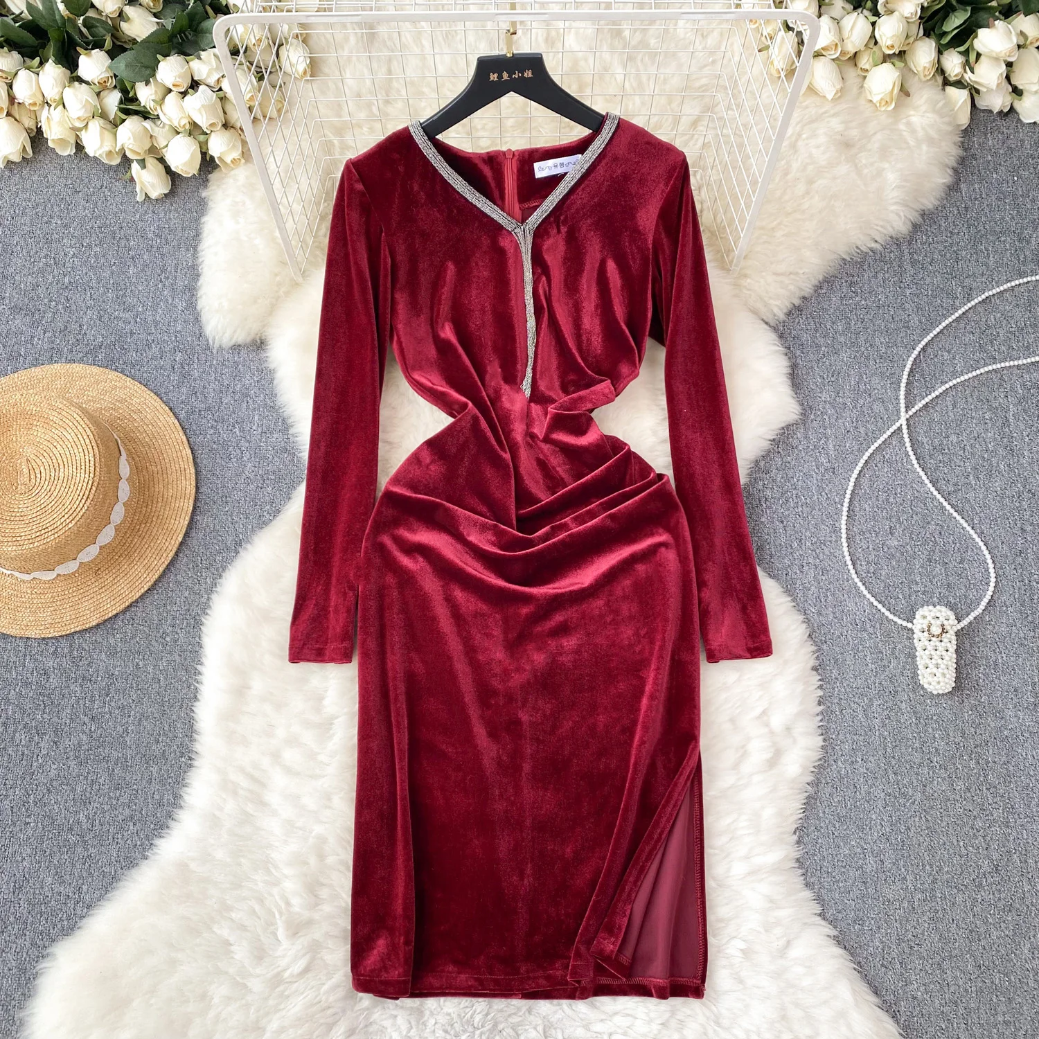 

Women Celebrity Velvet Dress For Evening Party Women Luxury High Quality Heavy Industry Diamond Inlaid Long Sleeve Bottom Dress