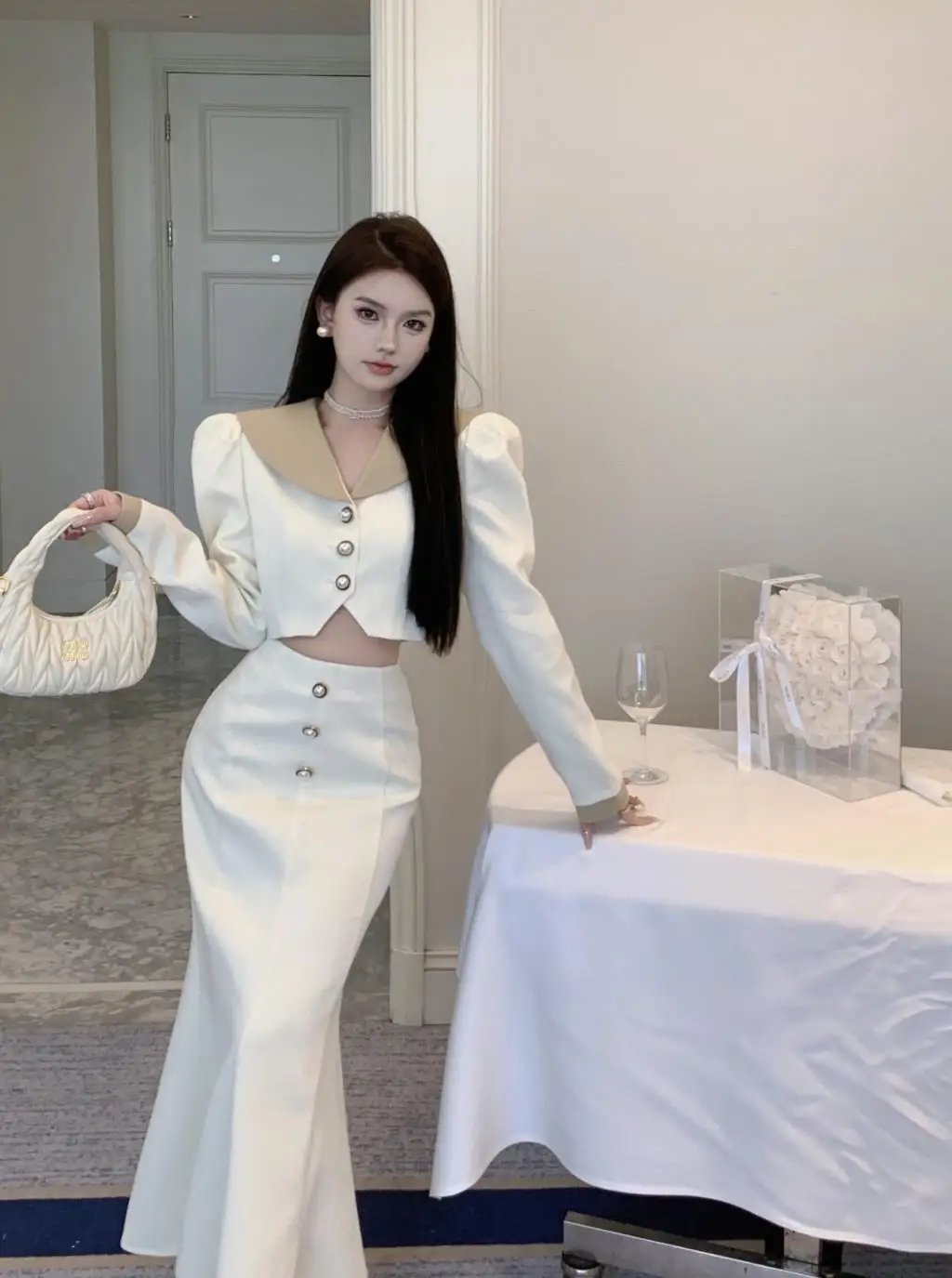 Elegant Two Piece Set Women Long Sleeves Short Coat + High Waist Mermaid Skirt Autumn Winter Solid Korean Style Patchwork Outfit