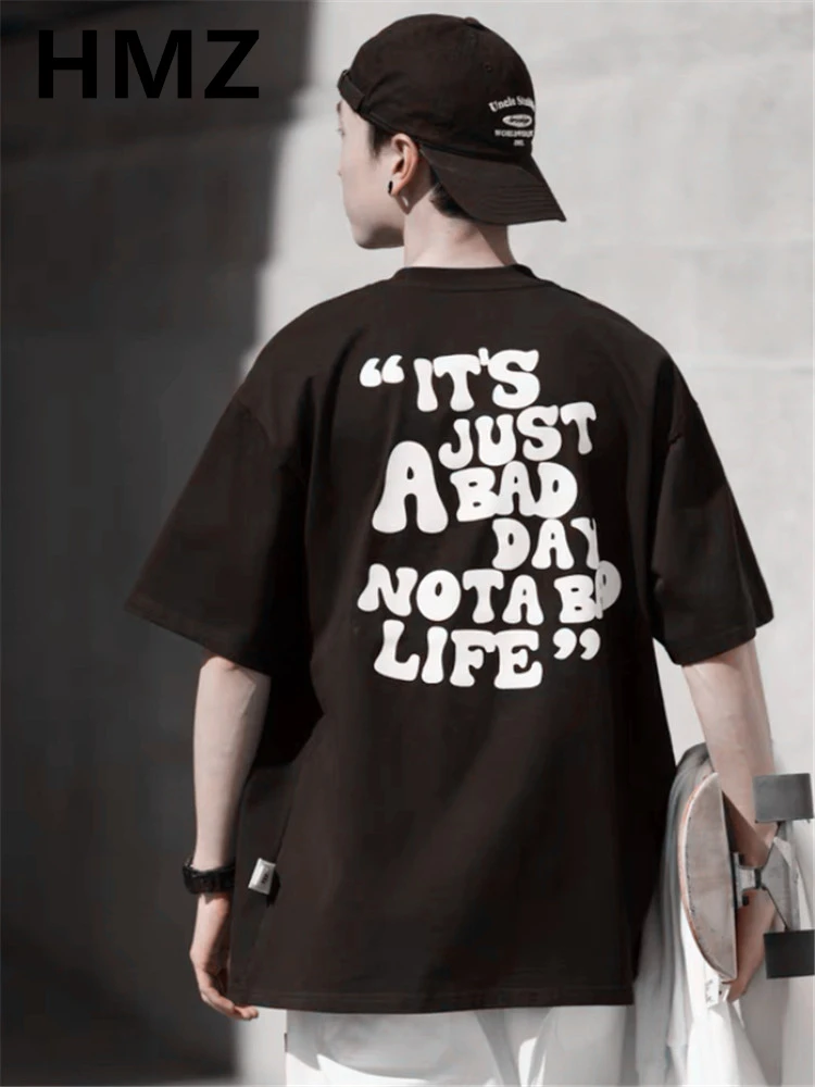 

HMZ Streetwear Letter Print Tshirts Men Short Sleeve Summer Vintage Cotton Loose Men's Tees O Neck Harajuku Oversized Tops 2023