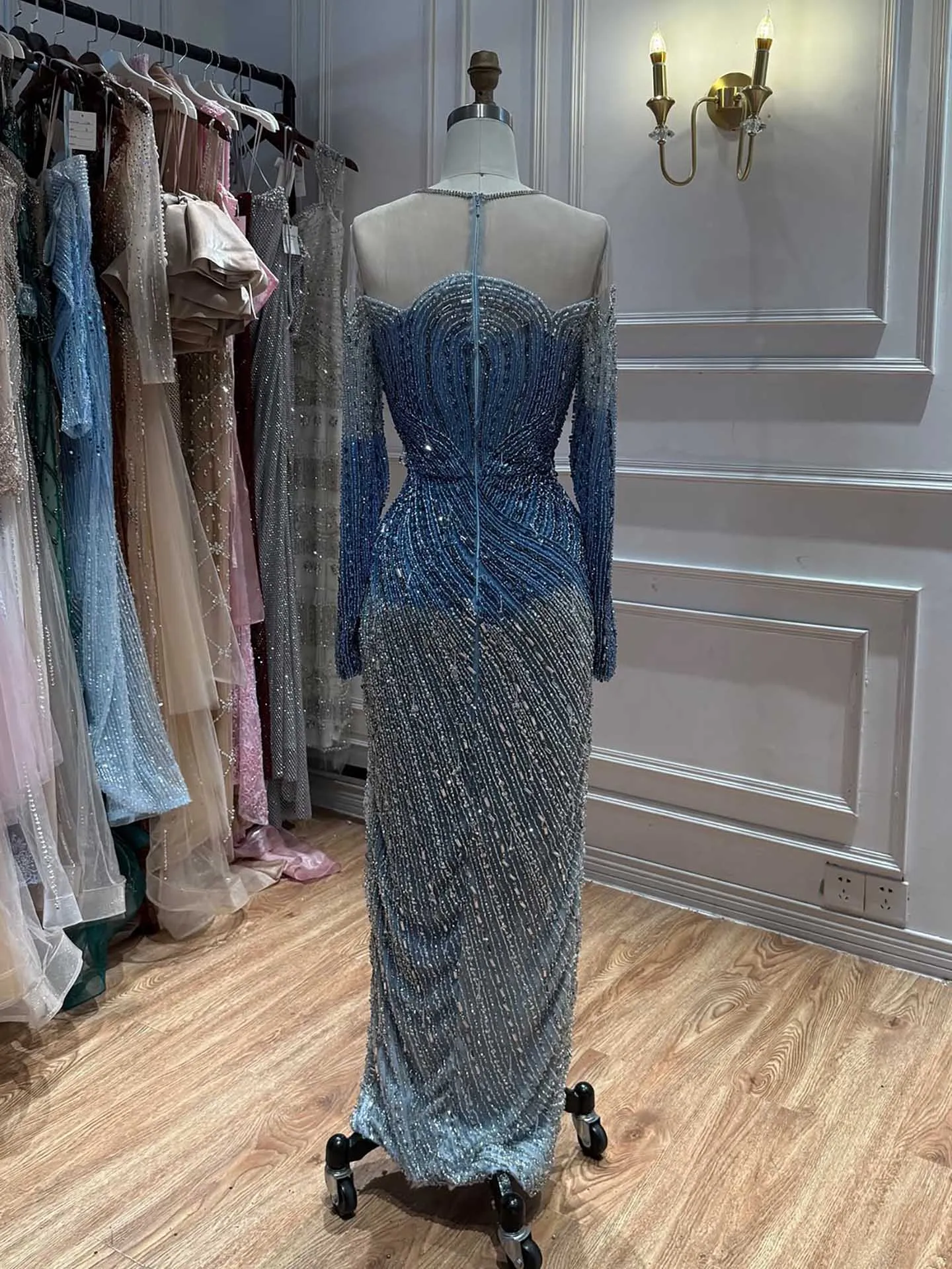 Serene Hill 2026 Luxury Blue Crystal Beaded Mermaid Evening Dress For Formal Wedding Party LA73544 Customized