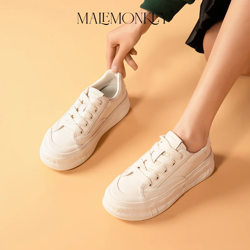 Casual Sneakers Women Leather 2023 New High Qualtiy Round Toe Lace-up White Comfortable Concise Breathable Ladies Shoes Handmade